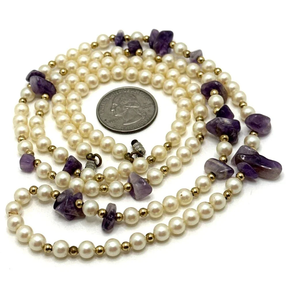 Vintage Faux Pearl Amethyst Chip Station Necklace Long Stone Boho Energy Calming
